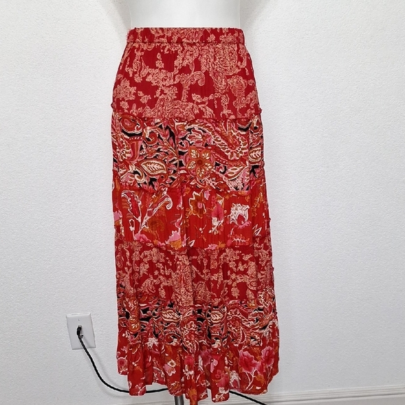 Coldwater Creek Red Multicolor Paisley Boho Bohemian Hippie Tiered Maxi Skirt SP - Picture 1 of 10